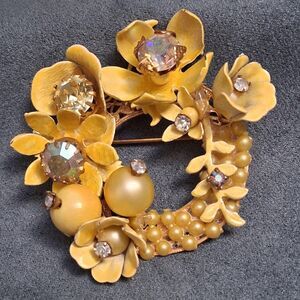 Vintage Haskell Style Brooch Enamel Flowers Yellow Rhinestone Pearls